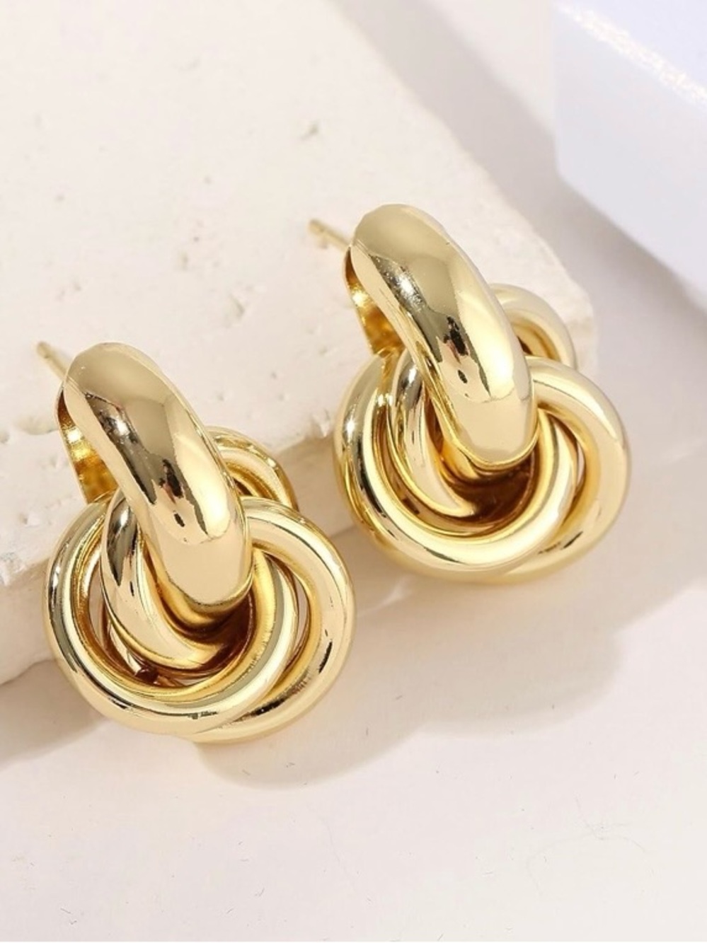 Gold Knot Stud Earrings Chunky Statement Earrings 14K Gold Tone Minimalist - Picture 3 of 6
